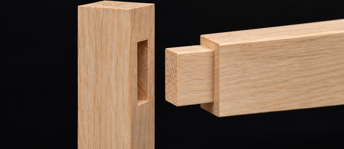 Pine rail tenon aligned with a side-grain mortise in an upright stile